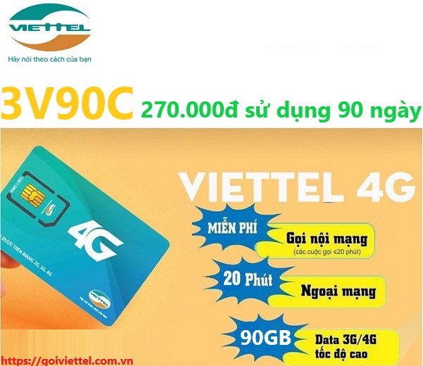 Gói 3V90C Viettel - Miễn Phí 90GB+ Gọi nội mạng+ data Tiktok 3